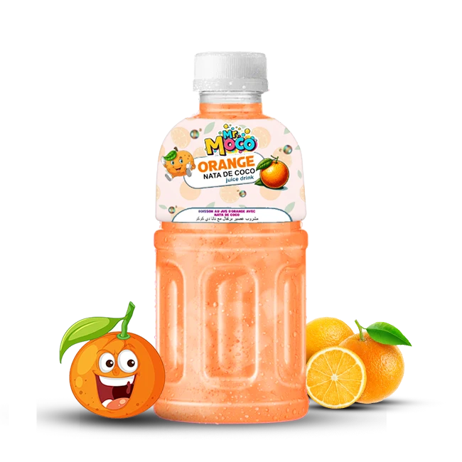 Mr. Moco Orange Nata de Coco juice drink bottle with fresh oranges and a cartoon orange character.